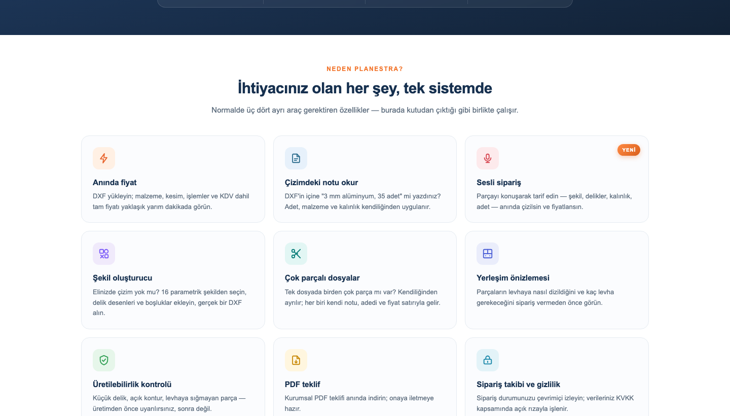 Planestra müşteri sitesi: çizim yükleme, tarif etme, DXF analizi ve anlık fiyat